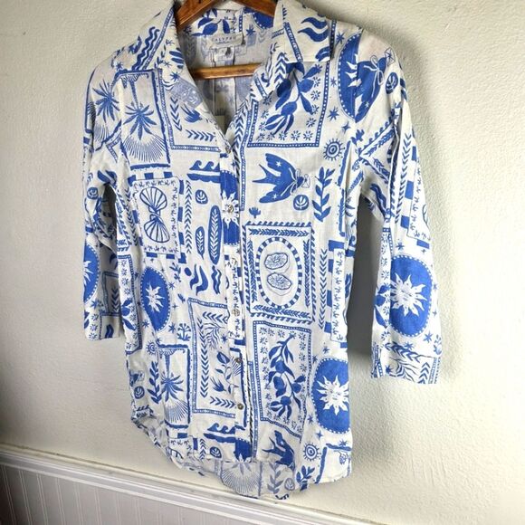 Women's Calyspo Blue and White Graphic Linen Blend Button-Up Shirt Sizs Small - Picture 4 of 11